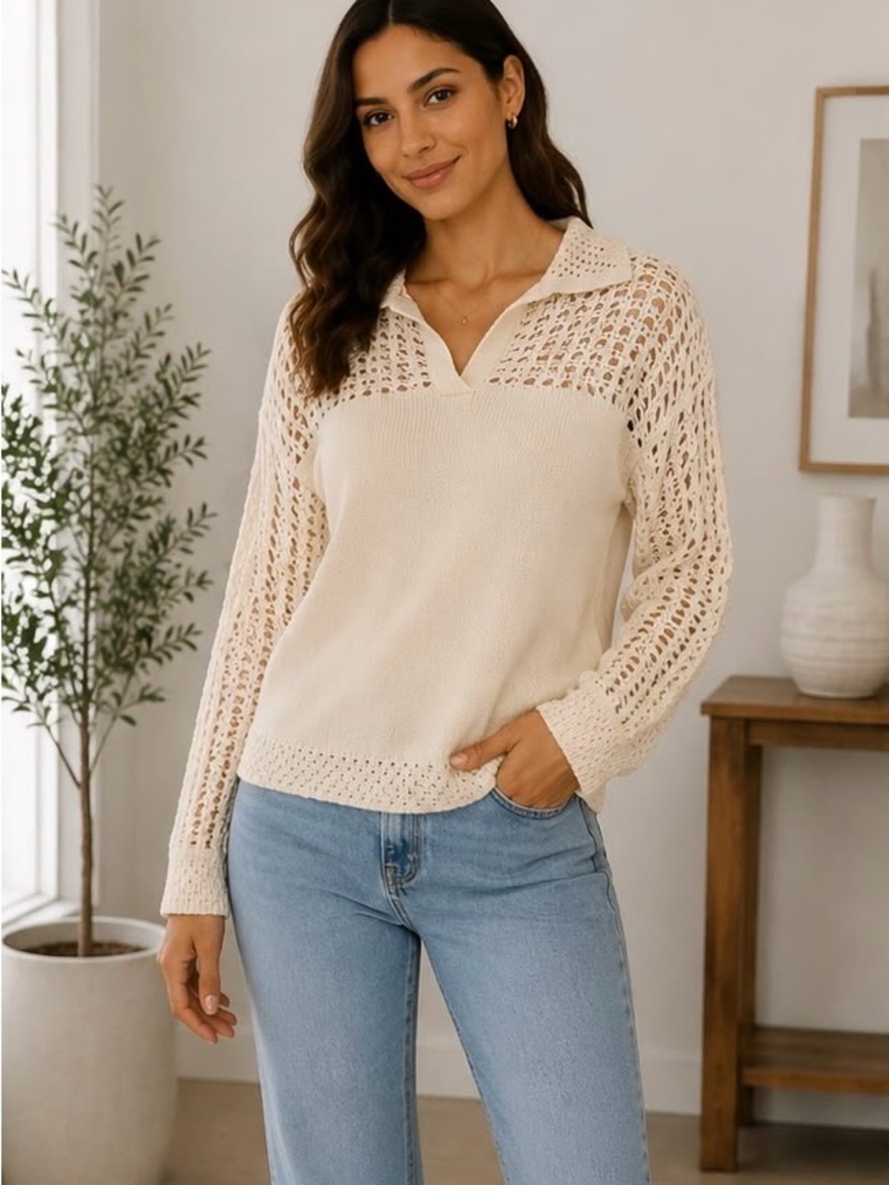 Women’s Cream Knit Collared Pullover Sweater